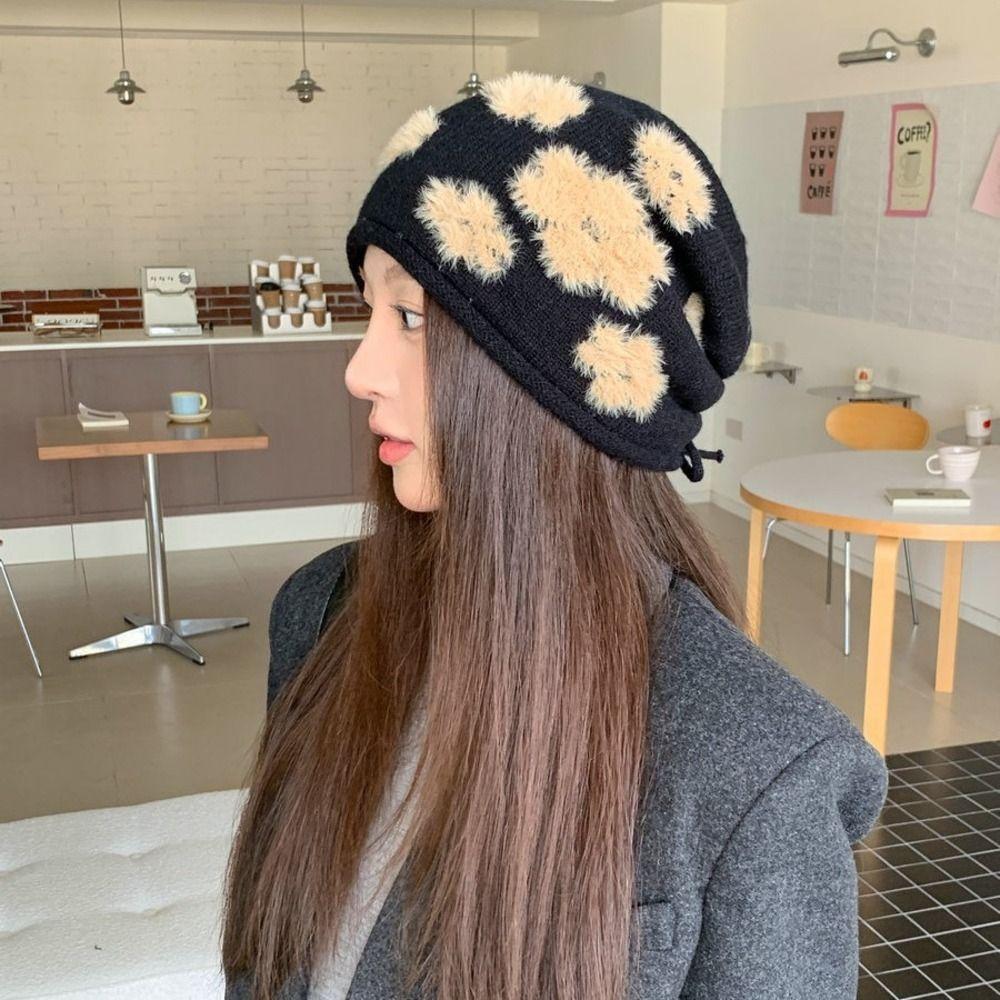 Polyester Slouchy Beanie Hat Floral Jacquard Knit Cozy Skull Cap Fuzzy Knitted Beanie  For Women