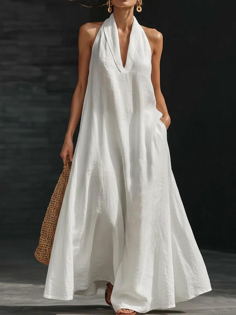 Sommerkleid 2026 für Damen, einfarbig, mit V-Ausschnitt – Freizeitmode im europäischen und amerikanischen Stil