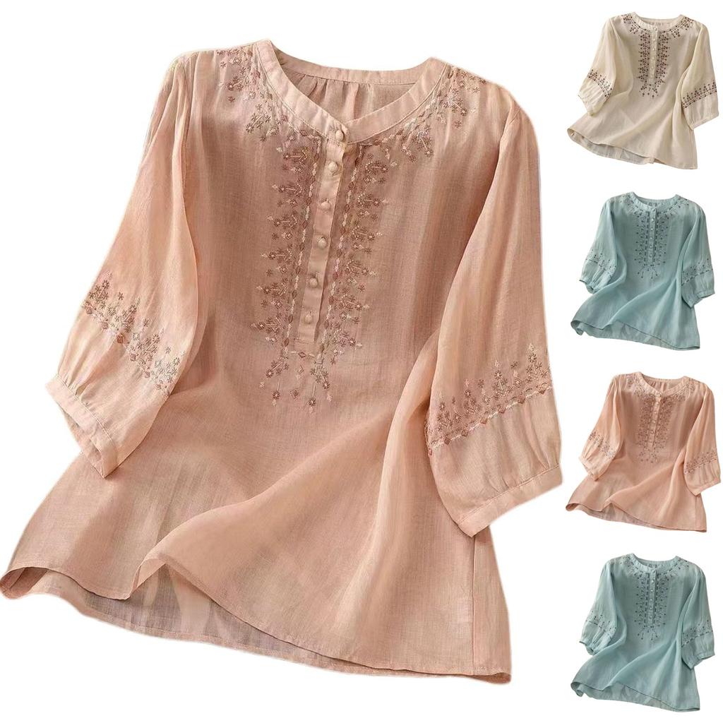 Fashion Women's Shirt Five-quarter Sleeve Spring And Summer Loose Top Embroidered Shirt