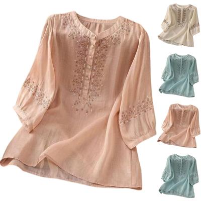 Fashion Women's Shirt Five-quarter Sleeve Spring And Summer Loose Top Embroidered Shirt