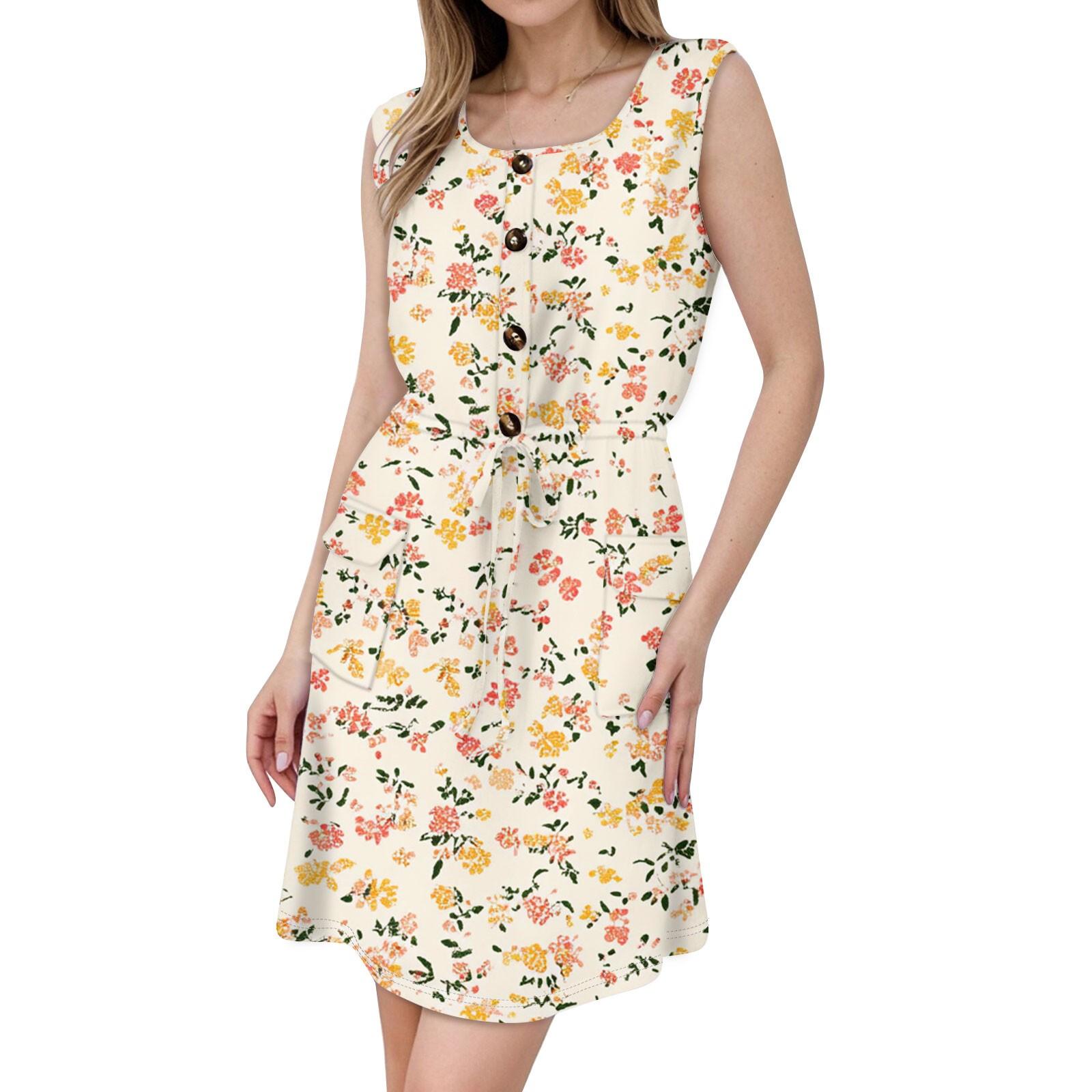 

Женское модное платье без рукавов с круглым вырезом, напечатанным декоративными пуговицами, двойным карманом, на шнуровке XL белый