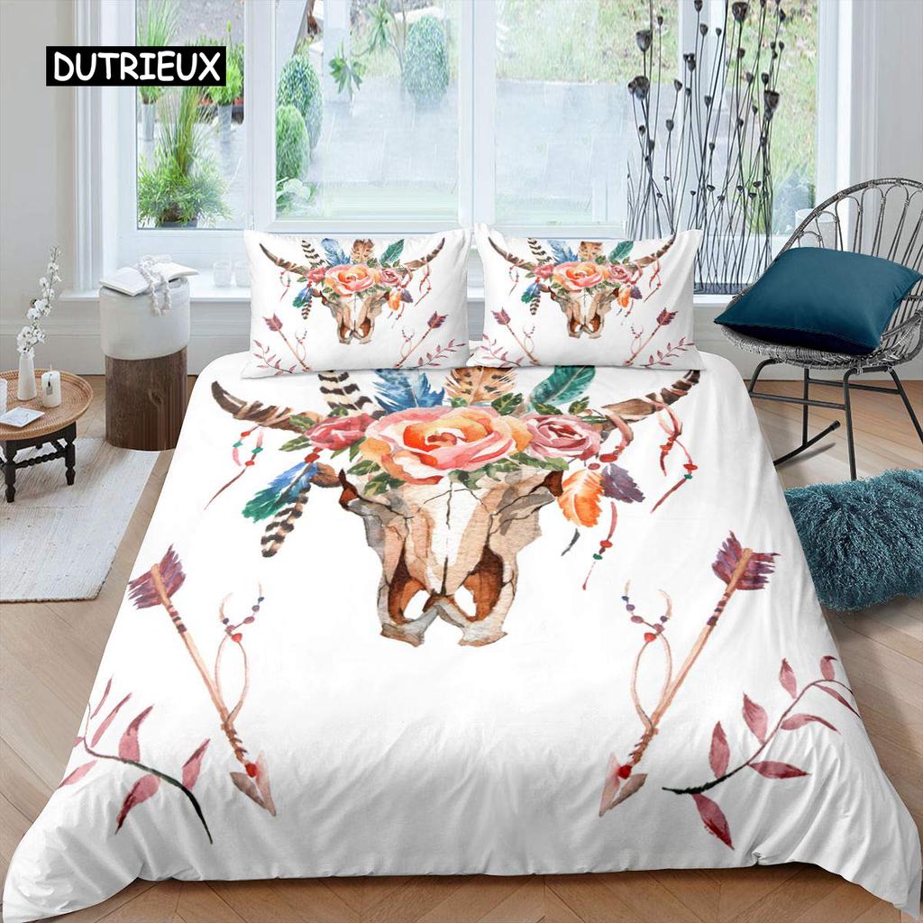 Stierschädel Bettbezug Set Boho Chic Feder Bettwäsche Set Böhmisch Exotische Zweige Blume für Teenager Mikrofaser King Steppdeckenbezug