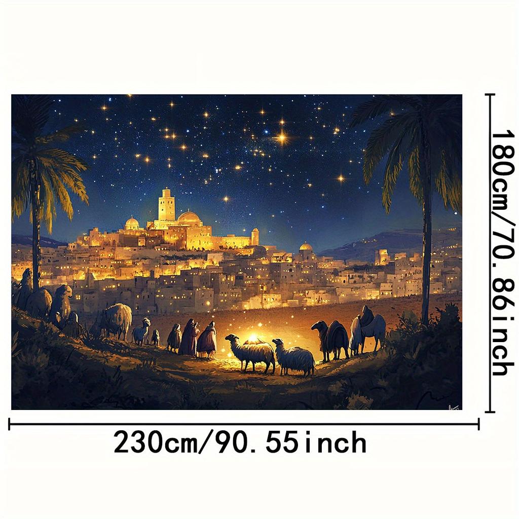 1pc 2D flat background of the Bethlehem Birth scene, starry sky, city lights and palm trees - polyester, Christmas decoration