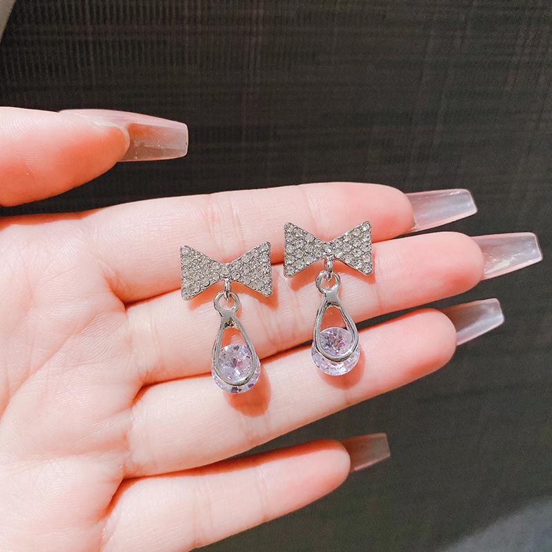 S925 Sterling Silver Zirconia Bowknot Earrings: Fashionable Crystal Inlaid Rhinestone Drops for Women