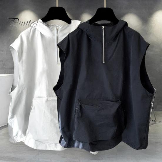 Men Summer Vest Hooded Zipper Half Placket Sleeveless Hip Hop Style Vest Jacket Solid Color Quick-Drying Large Pockets Waistcoat
