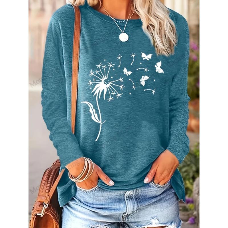 Floral Dandelion 3D Print Round Neck Long Sleeve T-shirts Fashion Casual Vintage Tops