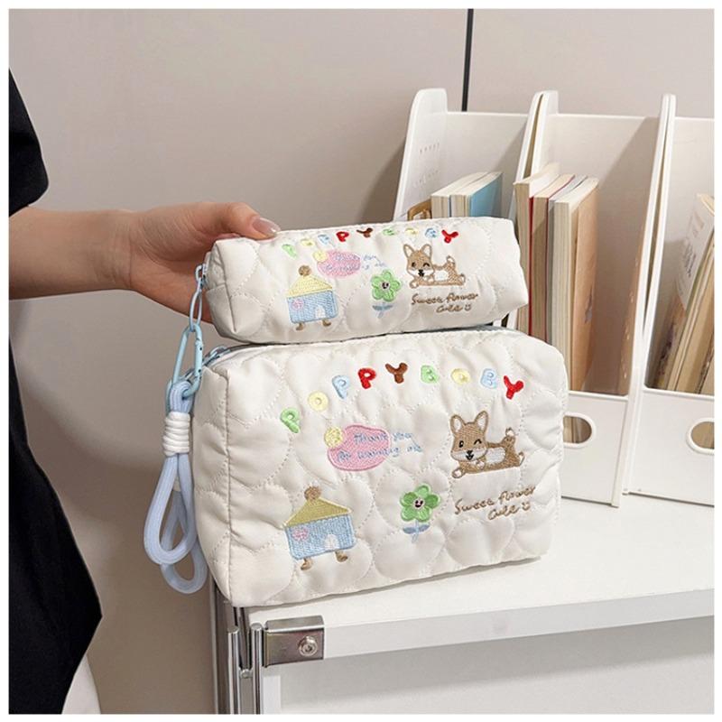 Ins Embroidery String Makeup Bag New Cute Cartoon Dot Flower Student Stationery Pencil Pouch Large Capacity Makeup Storage Bag