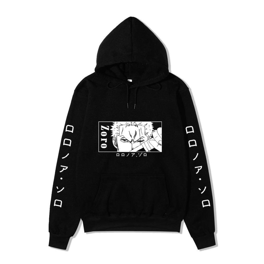 One Piece Hoodie, Roronoa Zoro Manga Graphic Japanese Letter Sleeve Print Pullover Sweatshirt Unisex Streetwear