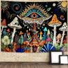 Bohemian Pilz-Wandteppich, Mystisches Böses Auge und Bunte Pilze Mit Himmlischen Elementen Auf Schwarzem Hintergrund Wandkunst Für