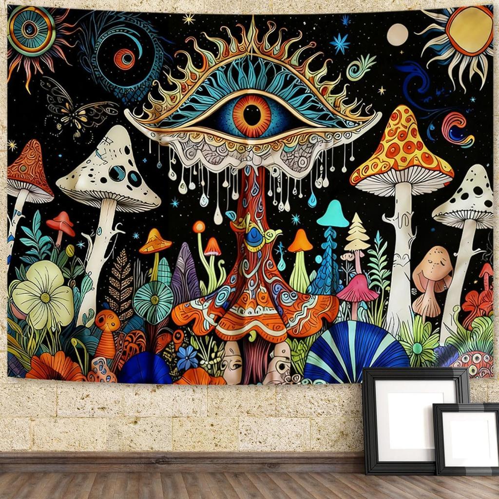 Bohemian Pilz-Wandteppich, Mystisches Böses Auge und Bunte Pilze Mit Himmlischen Elementen Auf Schwarzem Hintergrund Wandkunst Für