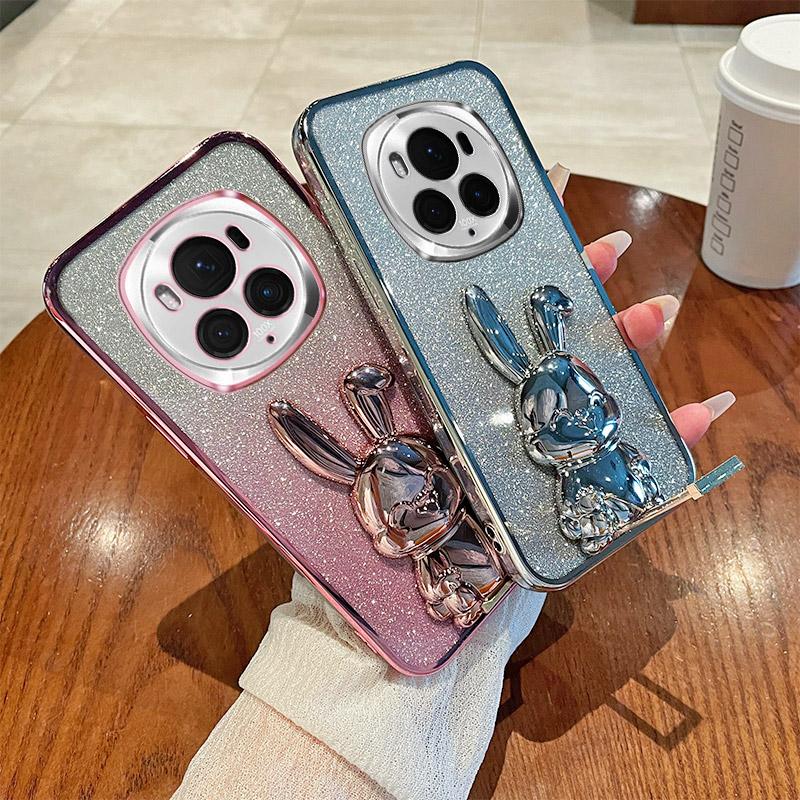 

For Honor Magic6 Pro 5G Case PC+TPU Glitter Rabbit Kickstand Phone Cover Purple