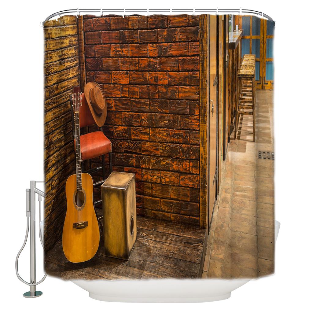 Music Decor Electric Guitars On Lighted Wooden Floor Shower Curtains Polyester Fabric Waterproof Bath Curtain Shower Curtain