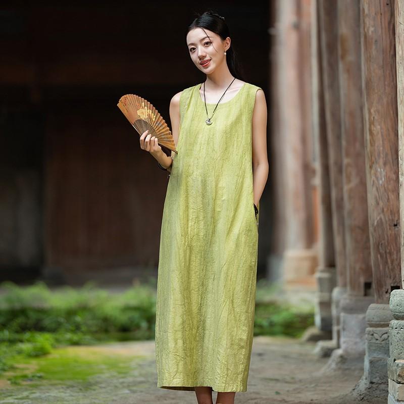 Johnature Women Vintage Sleeveless Dresses O-Neck Solid Color Summer Loose A-Line Dress