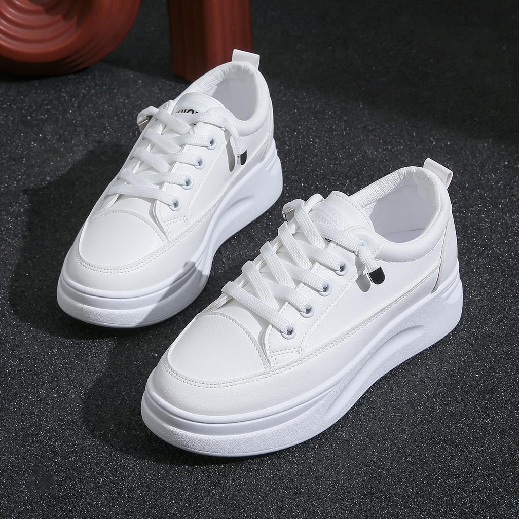 Comemore Spring and Autumn New White Sneakers Casual Thick Bottom Heightening Shoes for Women Lace Up Flat Board Tennis Shoes