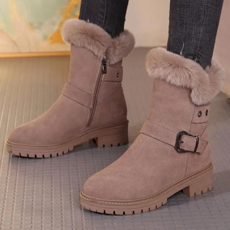 Ladies Snow Boots Mid Calf Half High Female Shoes Biker Elegant with Medium Heels Fashion Winter 2024 Novelty Padded Footwear 39