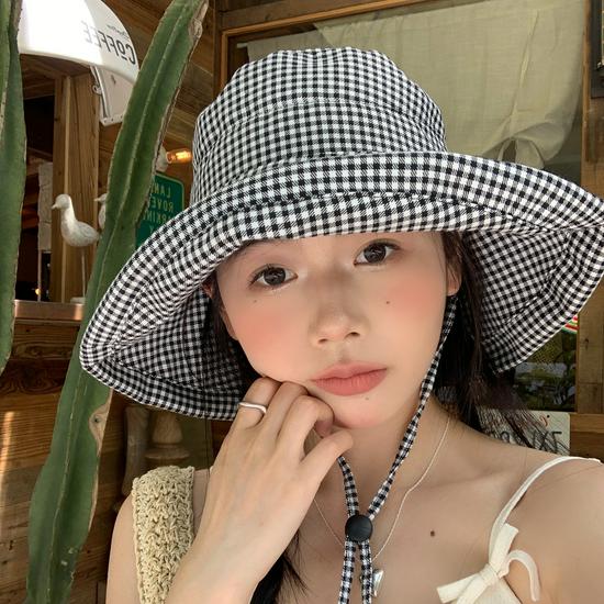 Women's Korean Style Plaid Fisherman Hat - Large Brim, UV Protection, Foldable for Spring & Summer