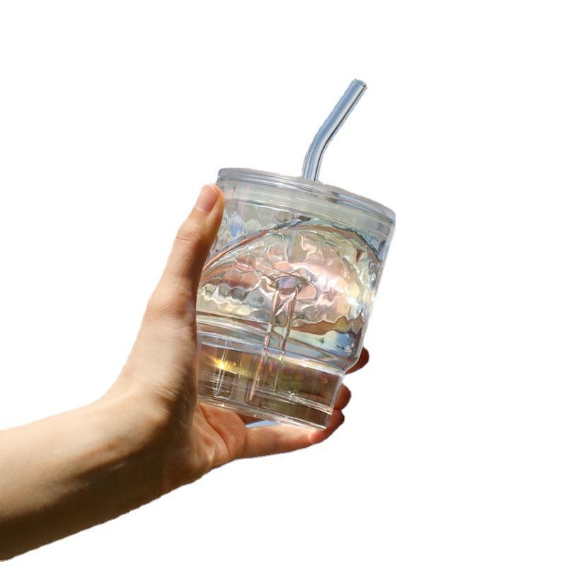 Tasse en Bambou Laser Colorée, Tasse à Eau en Verre pour Bureau, Tasse à Café Simple pour Boisson Ménagère avec Couvercle, Tasse à Paille Transparente