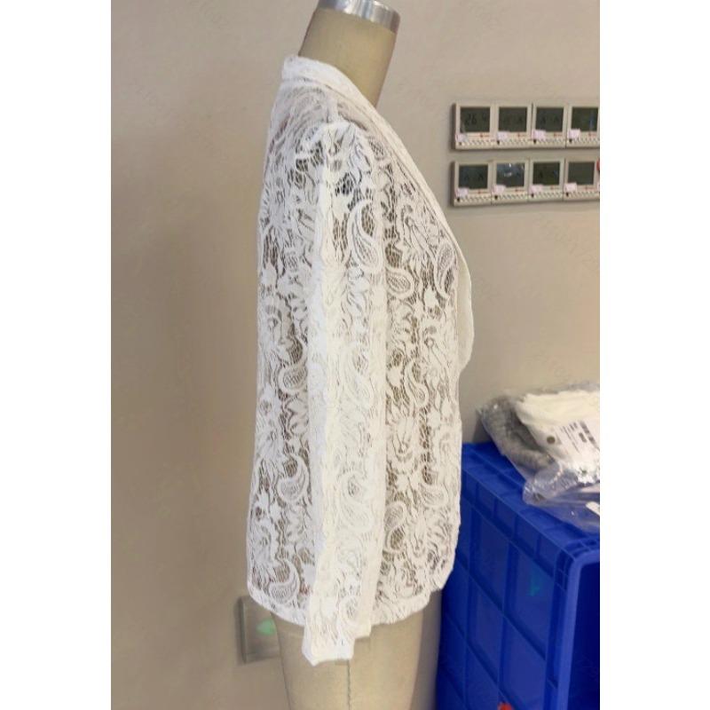 Spring Summer Fashion Lace Women Shirt Jacket Solid Color Loose Elegant Hollow Out Thin See Through Office Blouse Short Coats Female Casual Clothing
