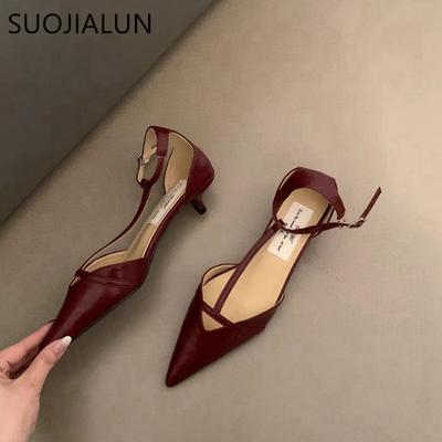 Fashion SUOJIALUN Spring New Women Sandal Fashion Pointed Toe Shallow Ladies Elegant Slingback Shoes Thin Low Heel Outdoor Dress Pumps