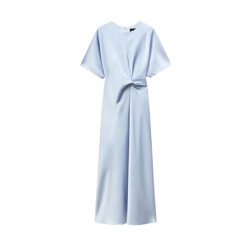 

Spring New Arrival French Socialite Temperament Crew Neck Short Sleeve Bow Tie Silk Satin Texture Dress Female 8372270 Sky Blue L