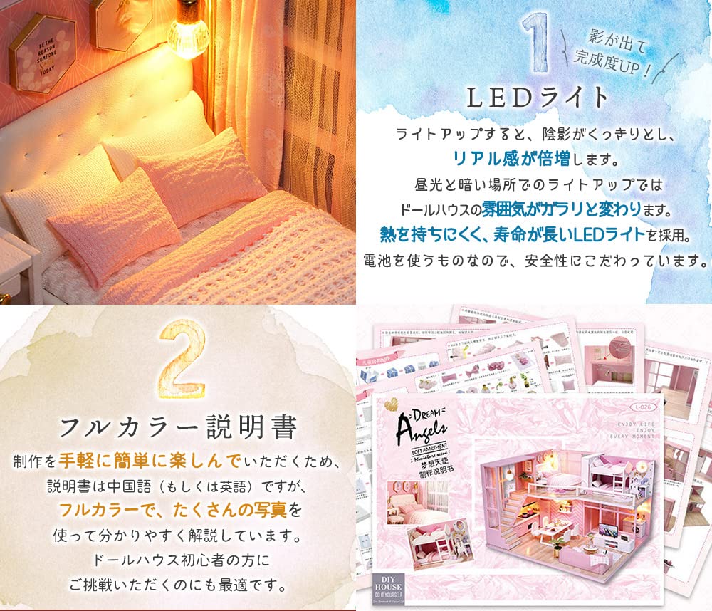 moin moin Scale Dollhouse Miniature DIY Kit Set DIY Model Room Style Modern Pink Floral Design Room Wedding Gift LED Light Acrylic Case 2305dh388 1/24