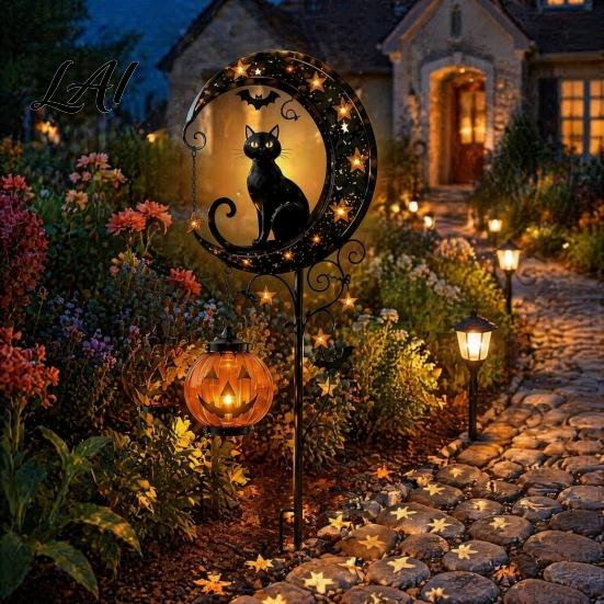 Warm Atmosphere Lights for Fall Parties Solar Halloween Black Cat & Pumpkin Moon Garden Stake Light Waterproof on Decorative Stakes Candy Nights