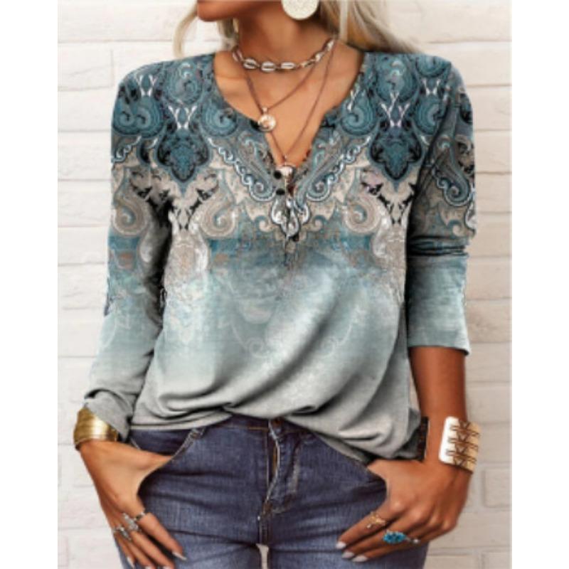 Autumn Winter Women's Long Sleeved Printed V-neck Loose T-shirt for Women