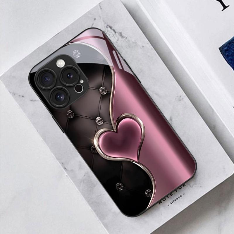 Pink Love Heart Pattern Tempered Glass Black Phone Case For Samsung Galaxy S26 S25 S24 S23 Ultra Plus FE Shockproof Cover