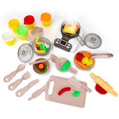 FlyCreat Pretend Play Kitchen Set - Educational Toy - Realistic IH Cooktop, Realistic Spray Pot, Pretend Cooking Utensils, 5 Colors of Clay, DIY,