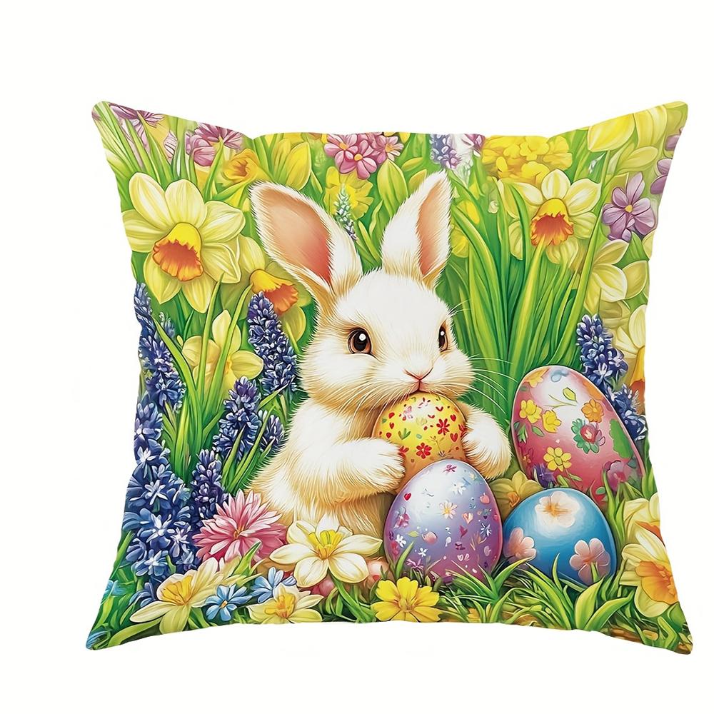 1Pc Easter Bunny Flower Chick Pillowcase Cute Funny Yellow Green Pink Decorative Pillow Cover Zipper Closure Machine Washable