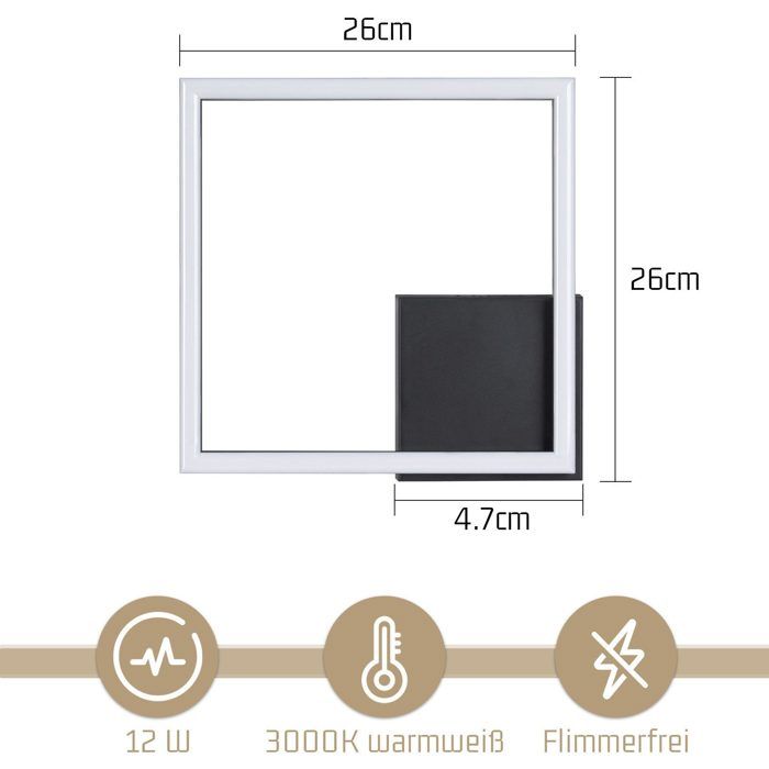 Plafonnier LED - NETTLIFE - Carré 26 cm - 12W - 3000K (Blanc chaud) - Noir métal design moderne