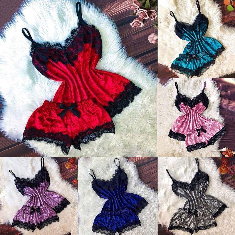 

Lace Faux Ice Silk One Piece Pajama Set Lace Lace One-Piece Pajamas Suit 3 L