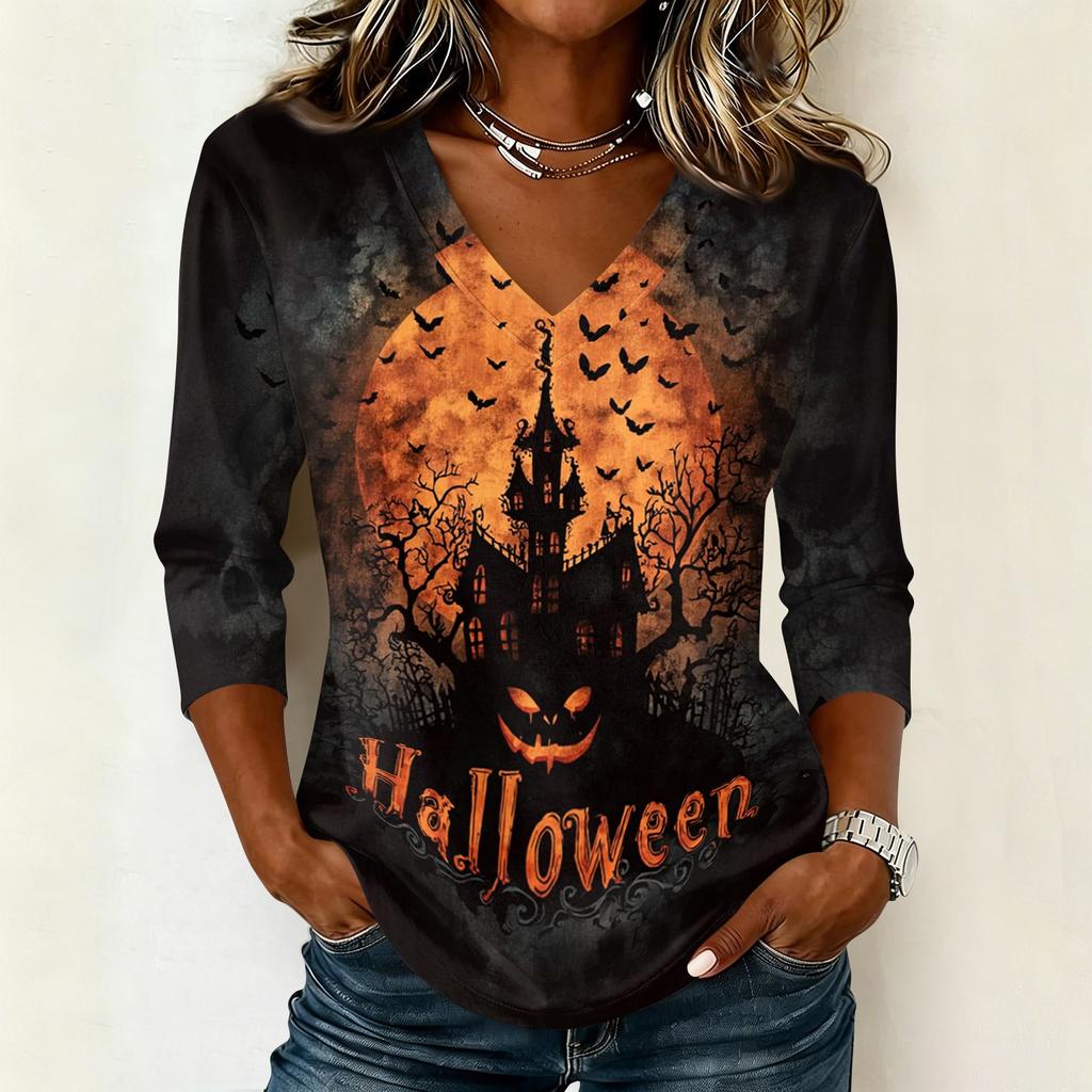 Women's Casual V Neck Halloween Print 3/4 Sleeve T Shirt Top Lightweight Soft Fabric Comfortable Fit Stylish Design for Everyday Wear