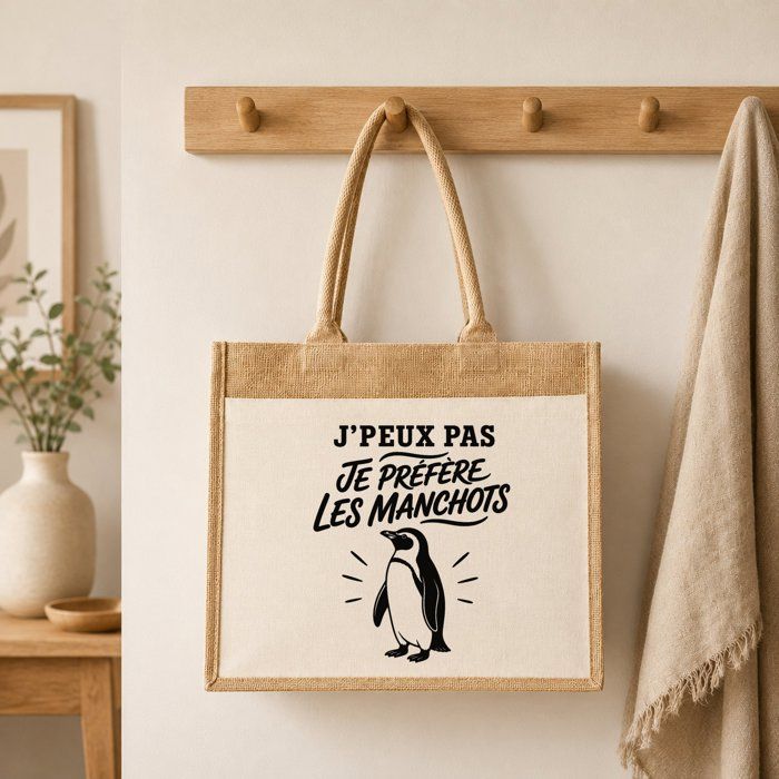 Sac Cabas - PLANETEE - J'peux pas minimaliste - Manchots (illustration) - Toile de jute et coton - 21 L
