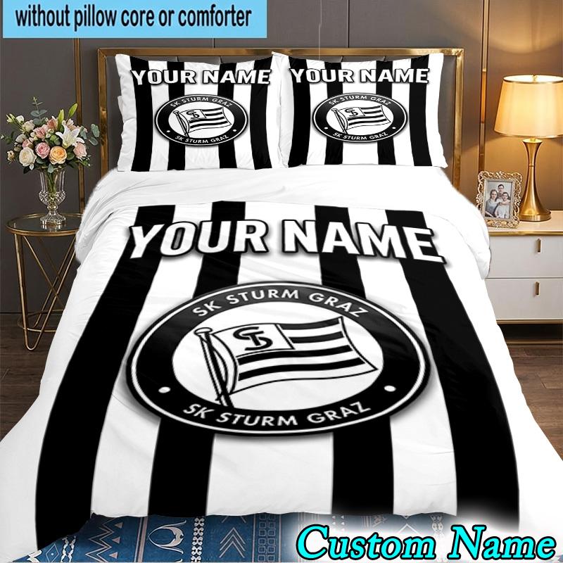 Benutzerdefinierter Name Sturm Graz Fußballwappen 3-teiliges Bettwäscheset für Schlafzimmer Studentenwohnheim, inklusive 1 Bettbezug und 2 Kissenbezügen, große Größe, Fangeschenk