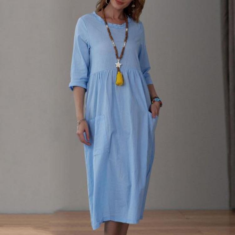 Hohe Taille A-Linie Midi-Kleid für Damen Sommer Locker Kleid Tägliche Kleidung Schrumpffest Schönes Anziehen