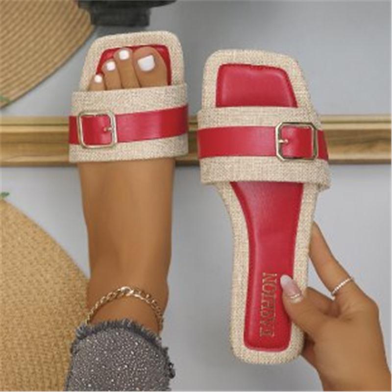 European and American Large-size Metal Buckle Flat Bottom Square Head One-word Slippers, Wearing Versatile Open-toed Dongmen Retro Cool Slippers Women