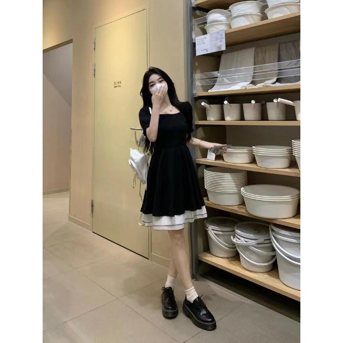 French Hepburn style black square neck dress women s summer high sense small waist princess fluffy short skirt S