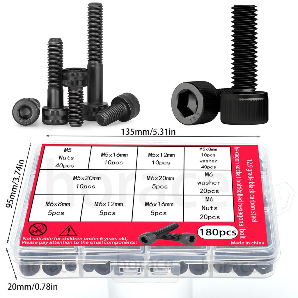 180 M5/M6 Black Carbon Steel Socket Head Cap Screws, Nuts, and Washers; Grade 12.9 Cup Head Bolts. Round Head Bolts.