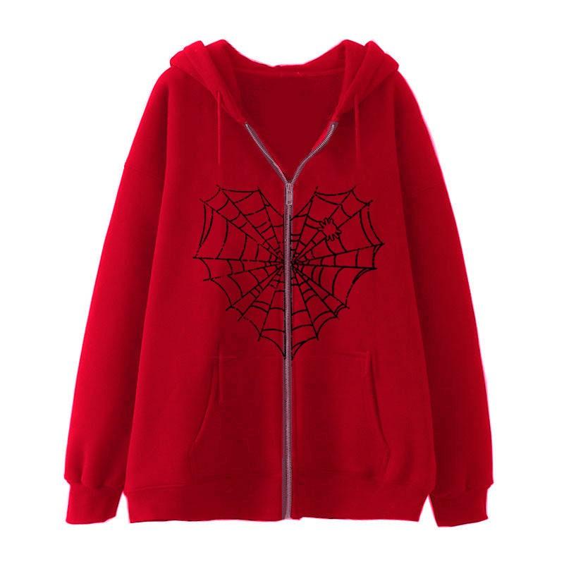 Colorful Spider Web Print Zip Up Hoodie Loose Fit Streetwear Y2K Couple Outerwear