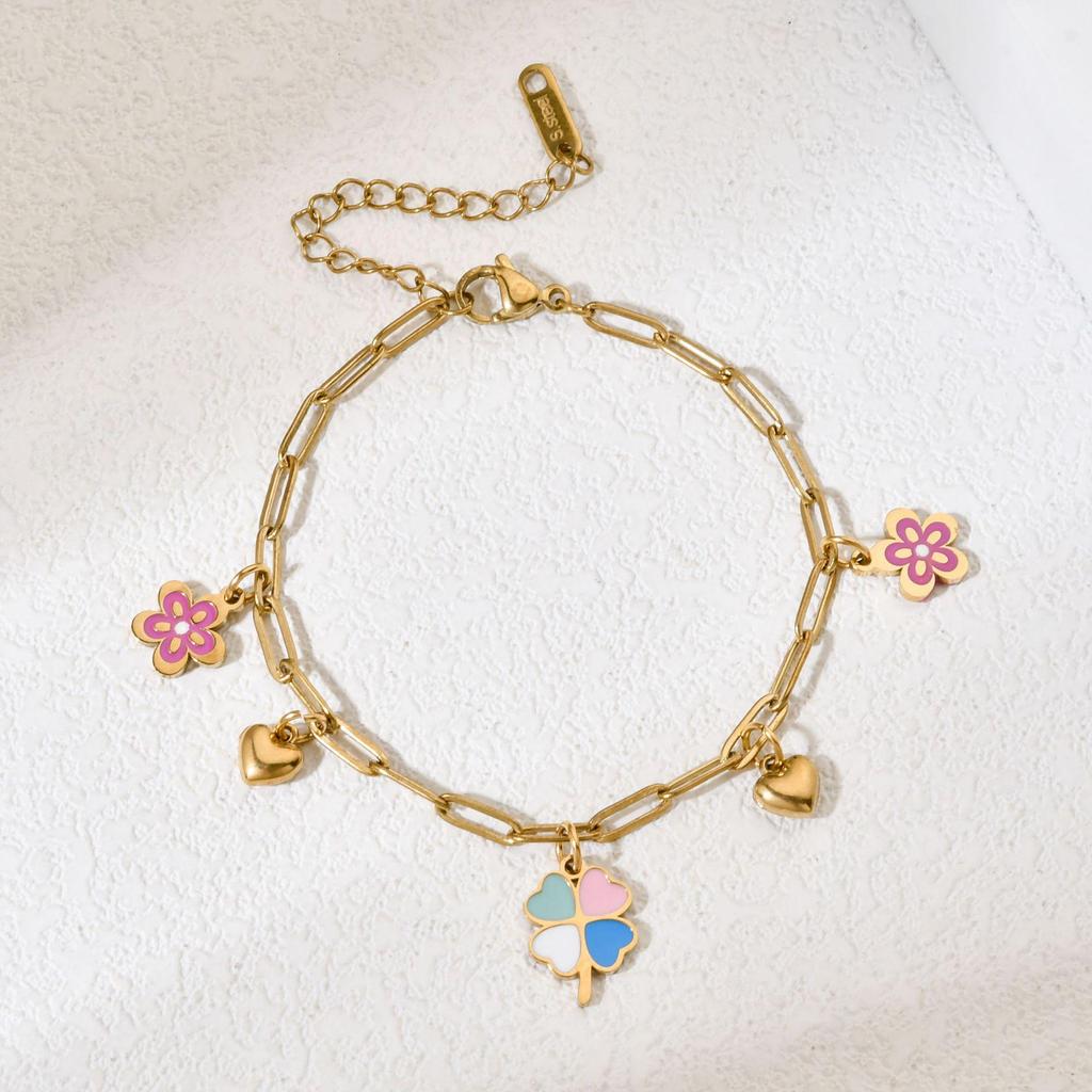 Women's Luxury Drip Oil Flower & Heart Pendant Stainless Steel Bracelet