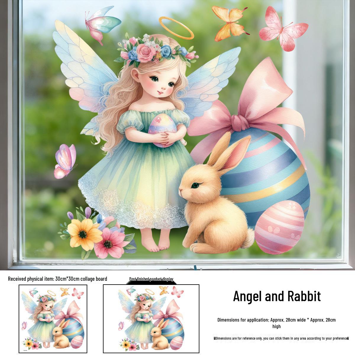 Easter Angel & Rabbit Window Cling Stickers - Decorative New Model for Living Room 2026 30cm*30cm*1 sheet (Static Cling)