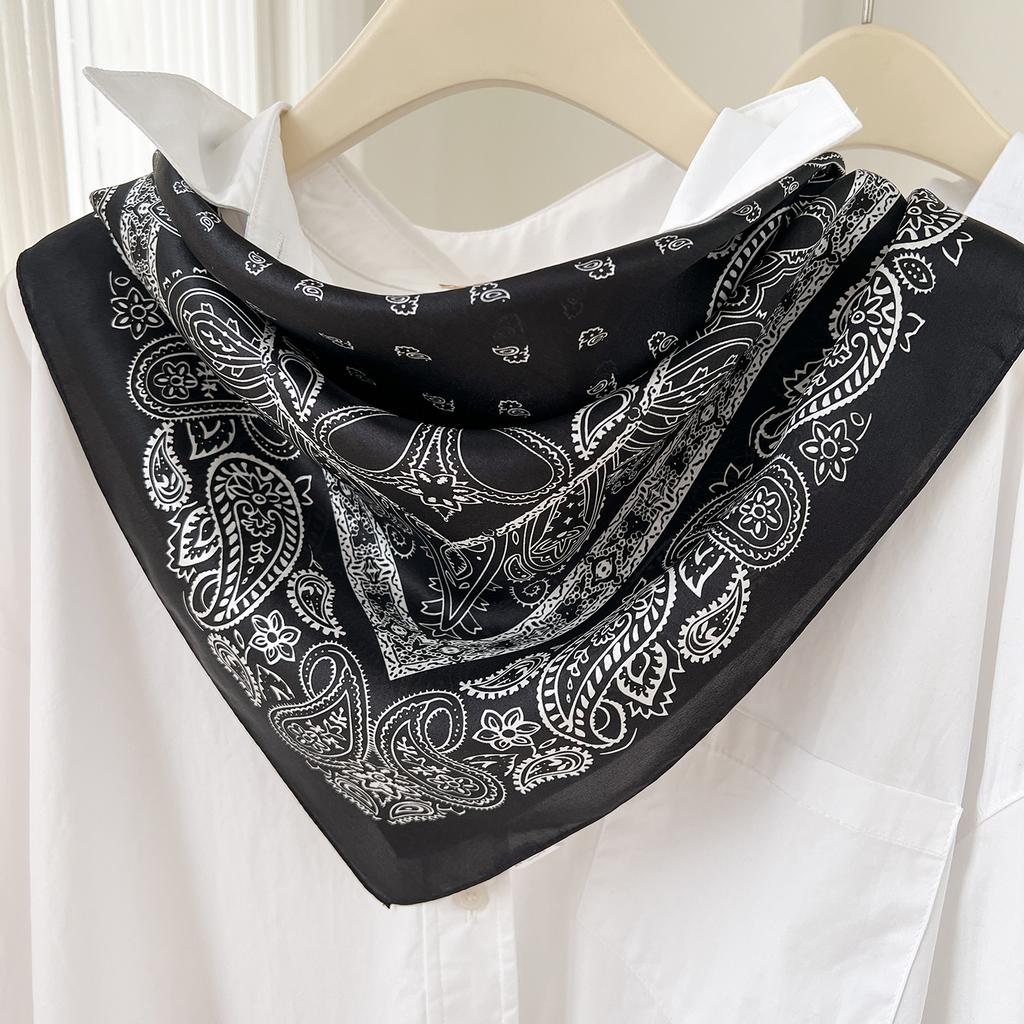 111% Mulberry Silk Premium Sense Paisley Pattern Silk 71 Small Square Scarf Black Cashew Flower Decorative Scarf Scarf