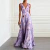 European Blue Tulip Print Sleeveless V-Neck Chiffon Long Gown - Elegant and Flowy Formal Dress for 2026 Banquets