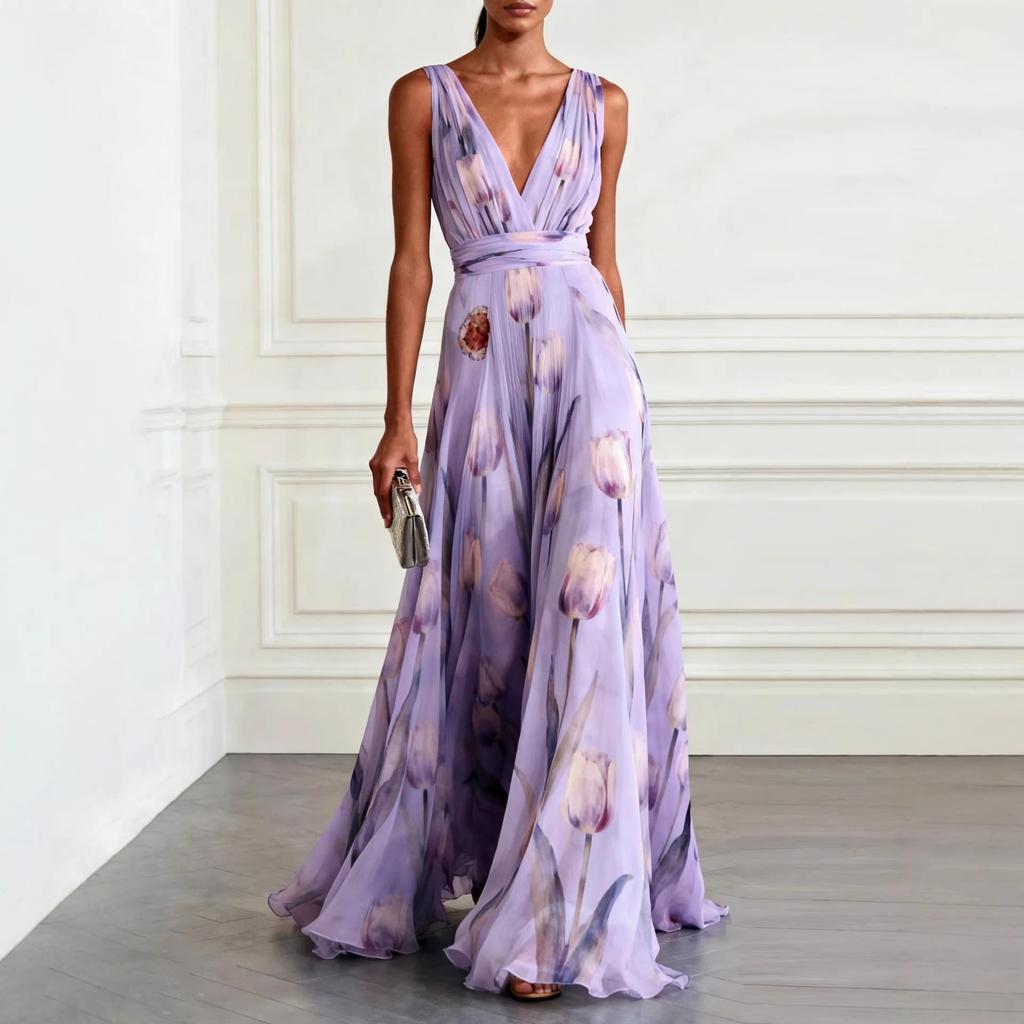 European Blue Tulip Print Sleeveless V-Neck Chiffon Long Gown - Elegant and Flowy Formal Dress for 2026 Banquets