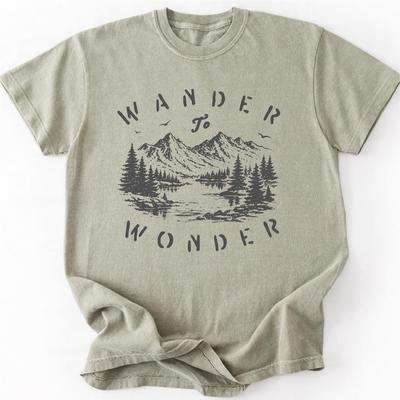 Wander To Wonder Nature T Shirt, Retro Mountain Lake Outdoor Graphic Tee, Hiking Camping Adventure Shirt
