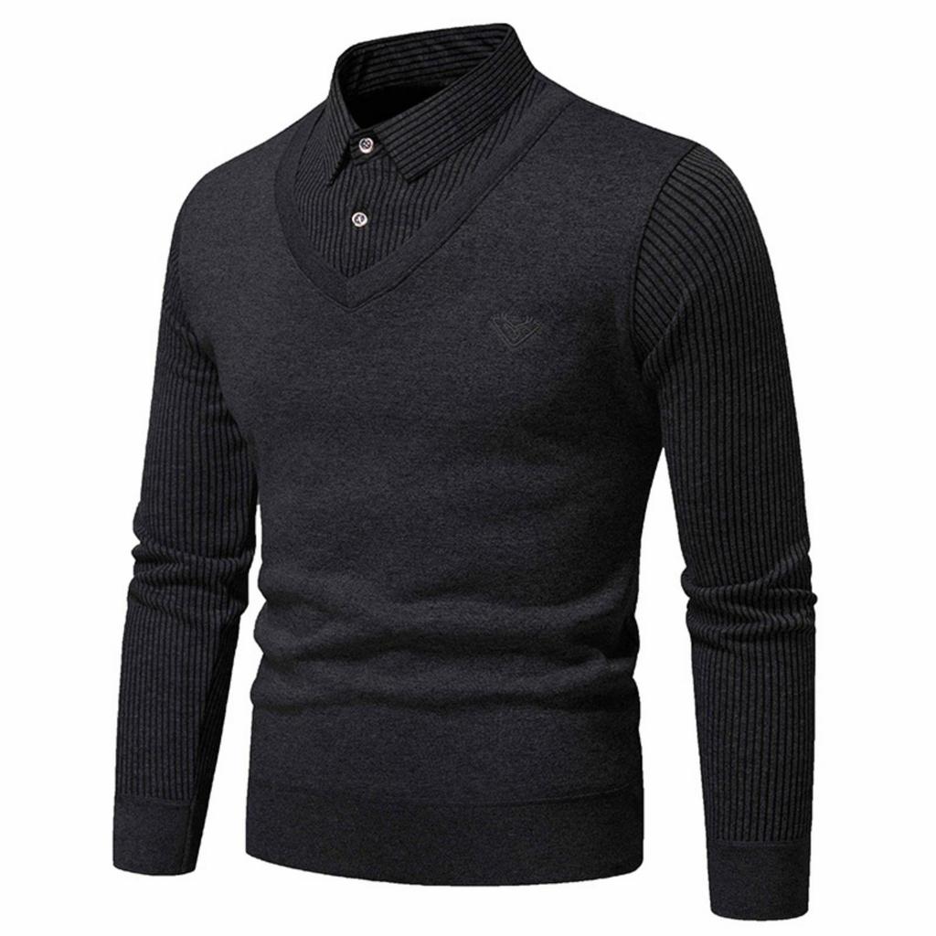 Men's Solid-color Casual Faux Two-piece Striped Pullover Knitted Sweater, Men's Square-neck Long-sleeved Knitted Warm Sweater