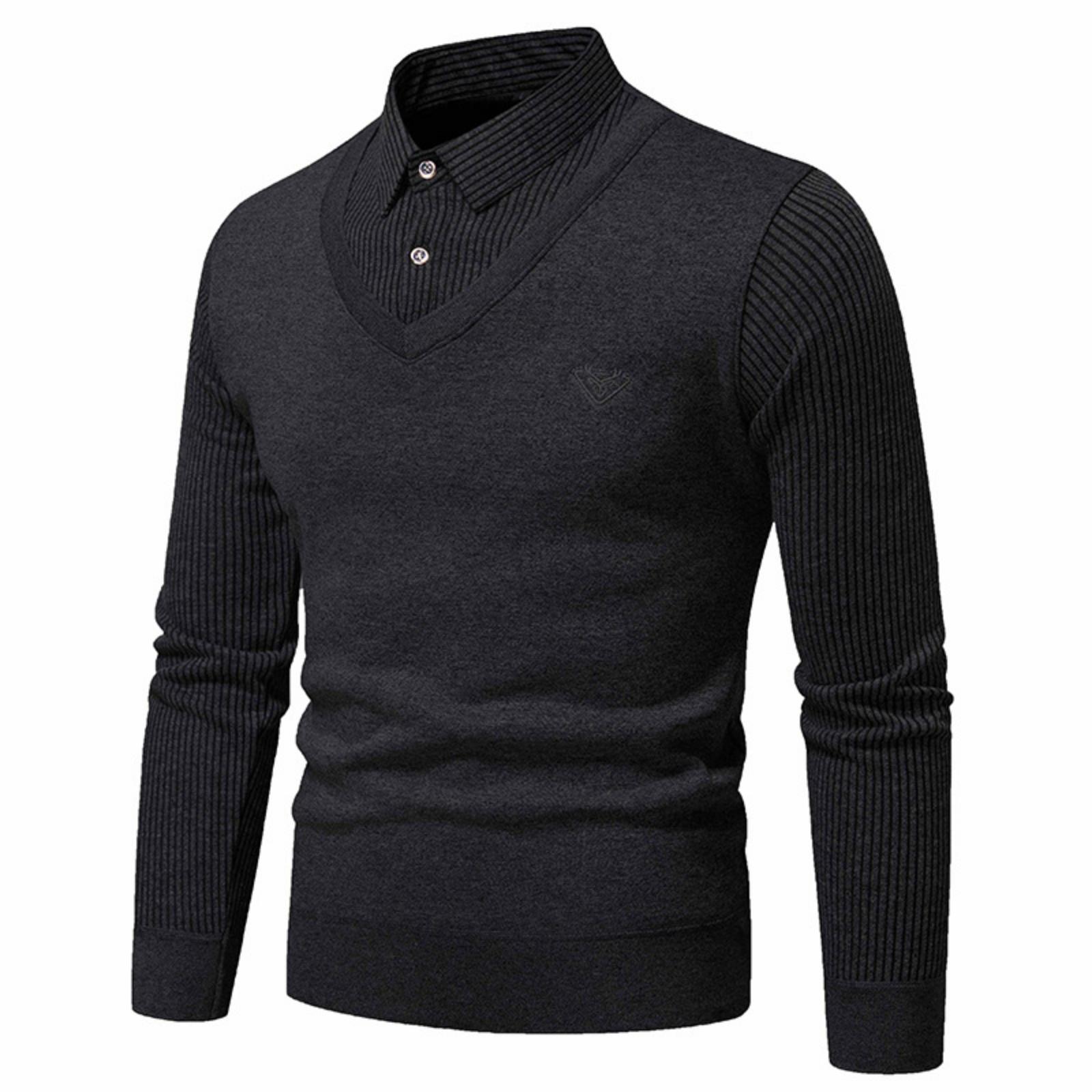 

Men s Solid-color Casual Faux Two-piece Striped Pullover Knitted Sweater, Men s Square-neck Long-sleeved Knitted Warm Sweater XXXL чорний