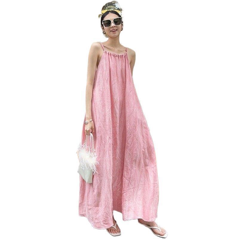 Pink suspender long dress women's summer new seaside vacation beach dress neck design niche skirt