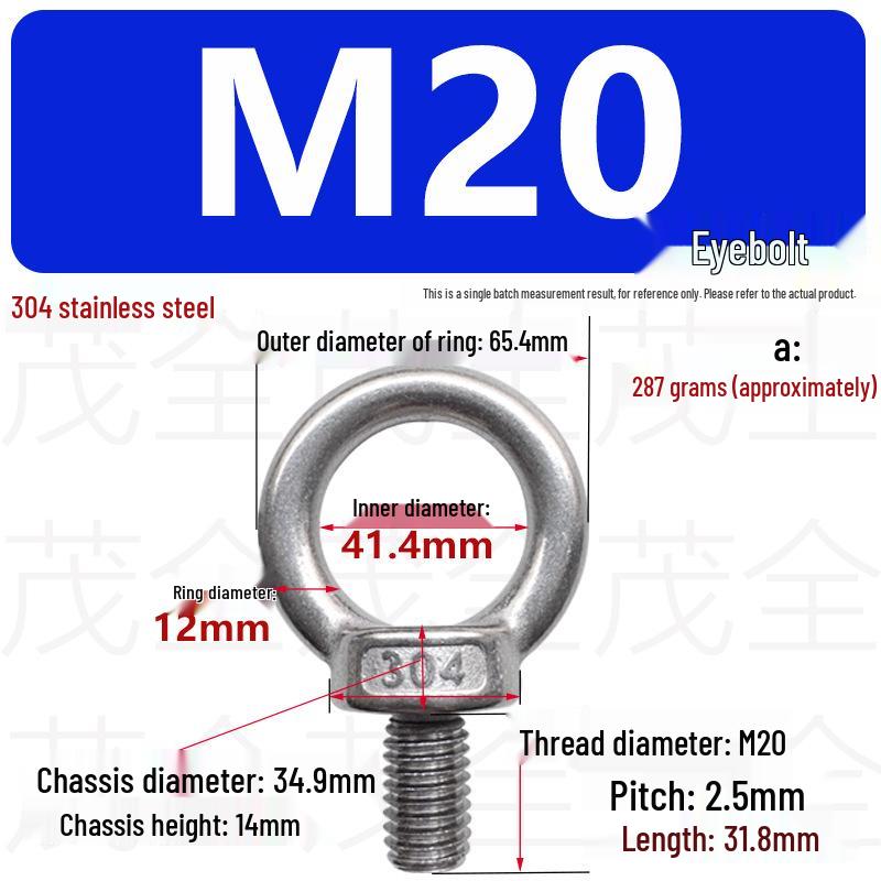 304 Stainless Steel Lifting Eye Bolt, Extended M3-M36 Round Screw